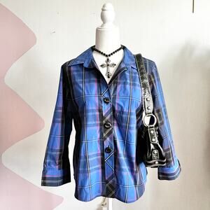 FOXCROFT Blue Plaid‎ Tartan Button Up Shirt Wrinkle Free Preppy Academia 12P